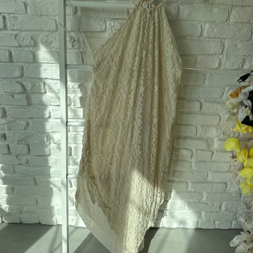 Free People Ivory Lace Floral Lined Asymmetrical Midi / Maxi Boho Dress Sz Small